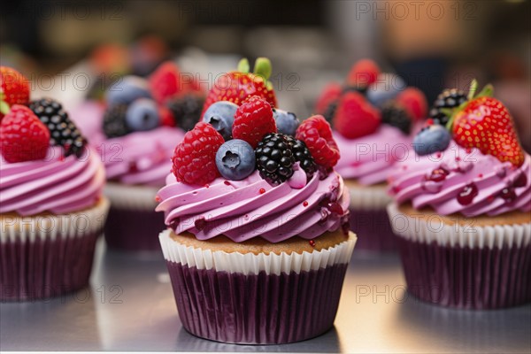 Cupcakes with pink frosting and berry fruits in pastry shop. KI generiert, generiert KI generiert, generiert AI generated