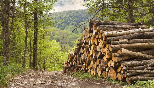 Forestry, timber industry, tree trunks stacked in the forest, pile, AI generated, AI generated
