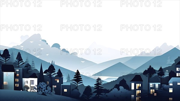 Landscape set in paper art style featuring houses tucked between verdant trees and rolling hills, AI generated
