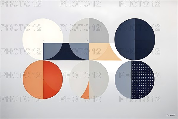 Minimalist composition of overlapping geometric shapes, such as circles, squares, and triangles, with clean lines and muted pastel colors, AI generated