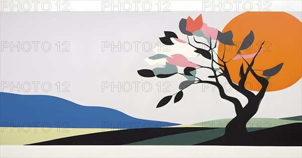 Abstract minimalist spring scene with a single, sharp silhouette of a blooming tree on a vast light grey canvas, with subtle color gradients hinting at spring freshness, AI generated