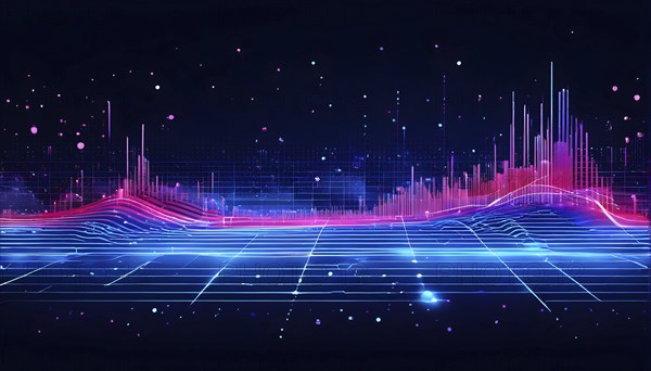 Abstract illustration of digital wave forms and circuits converging to form abstract symbols of various sports, then dispersing into flowing particles, AI generated