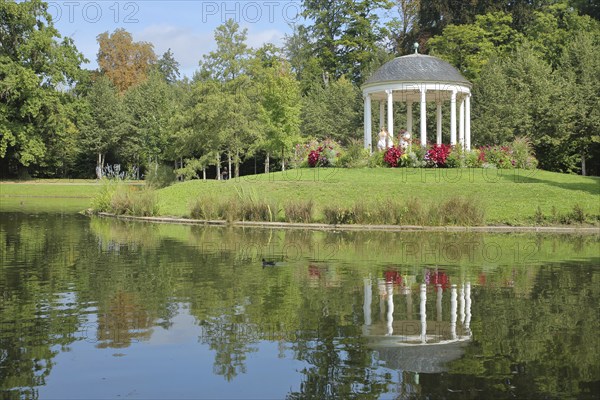 Round pavilion with lake in the Parc de l'orangery, orangery Park, landscape, reflection, temple, pavilion, monopteros, Strasbourg, Bas-Rhin, Alsace, France, Europe