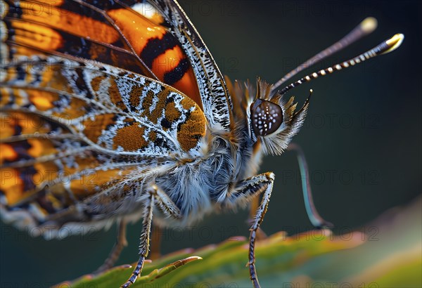 Macro of a small tortoiseshell butterfly (Aglais urticae), highlighting its colorful, textured wings, AI generated