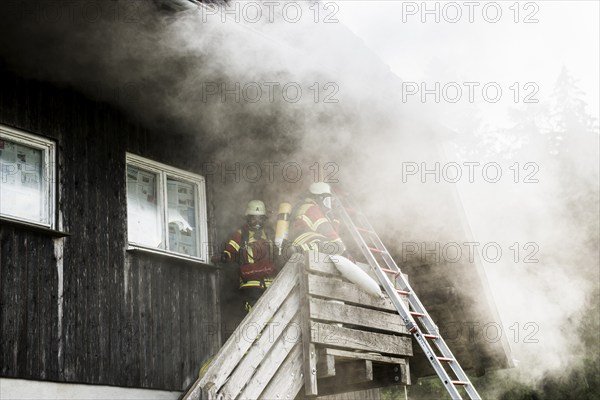 Fire brigade operation at a house fire, St Peter, Southern Black Forest, Black Forest, Baden-Württemberg, Germany, Europe