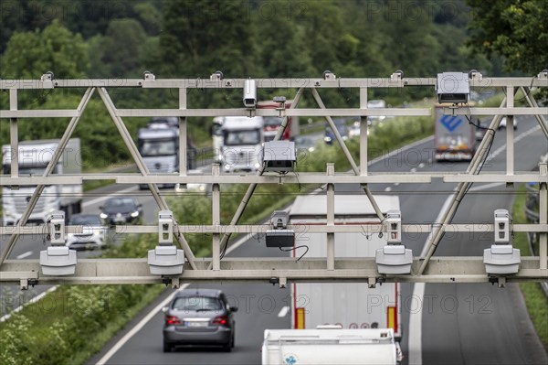 Sensors on a toll bridge, for recording motorway tolls, on the A43 motorway near Dülmen, Münsterland, North Rhine-Westphalia, Germany, Europe