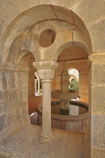 View through the window of the well house of the Romanesque abbey Le Thoronet, well, column, interior view, monastery complex, Cistercian abbey, Var, Provence, France, Europe
