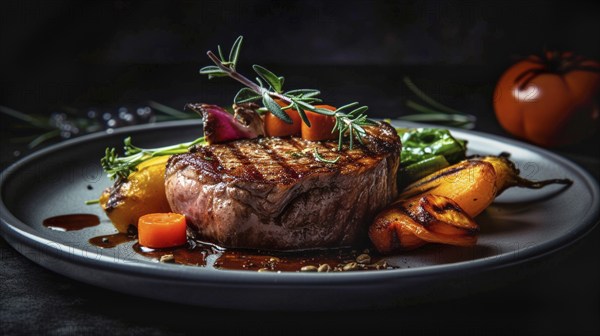 Fresh succulent top sirloin steak with sauteed vegetables on the flame grill, generative AI.- generative AI, AI generated