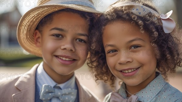 Portrait of a beautiful mulatto brother and sister dressed in their sunday best, generative AI, AI generated