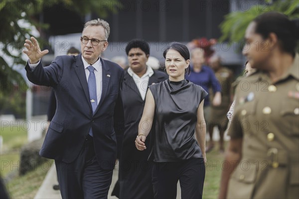 (R-L) Annalena Bärbock (Bündnis 90/Die Grünen), Federal Foreign Minister, and Andreas Prothmann, German Ambassador to Fiji, photographed during a visit to the Fijian Armed Forces Blackrock Peacekeeping and Humanitarian Assistance and Disaster Relief Camp in Nadi, 7 May 2024. Bärbock is travelling to Australia, New Zealand and Fiji for political talks / Photographed on behalf of the Federal Foreign Office
