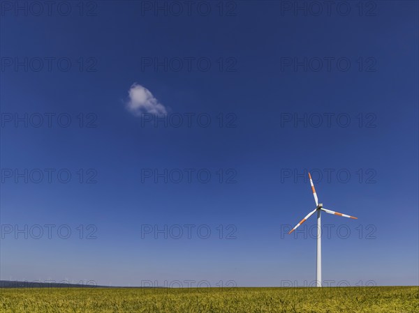 Wind turbine in an open field, a small cloud clouds the blue sky. Swabian Alb, Geislingen an der Steige, Baden-Württemberg, Germany, Europe