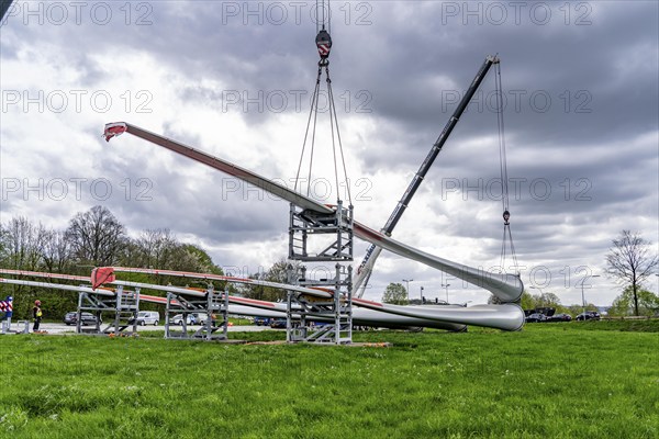Preparation for the transport of a 68 metre long blade, a wind turbine, with a self-propelled Blade-Lifter vehicle, over a 40 km long route in the Bergisches Land, through towns, villages, over country roads, narrow through roads, to the construction site of the wind turbine near Hagen, North Rhine-Westphalia, Germany, Europe