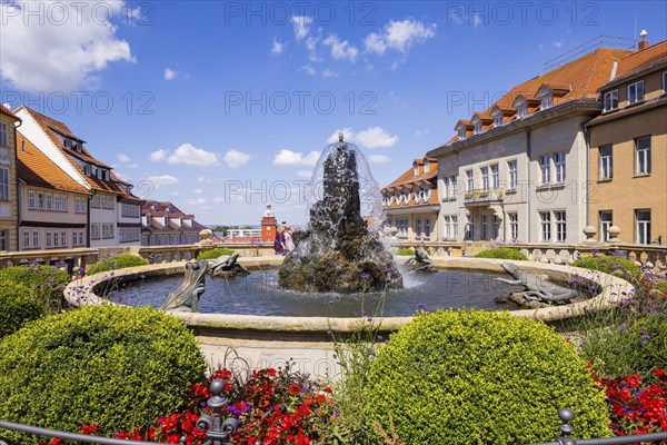 Water art and town hall tower, Gotha, Thuringia, Germany, Europe