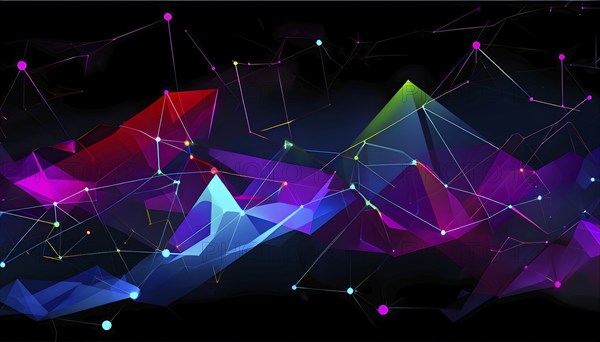 Abstract polygons shifting and rotating seamlessly, connected by glowing lines representing AI networks, vibrant hues, AI generated