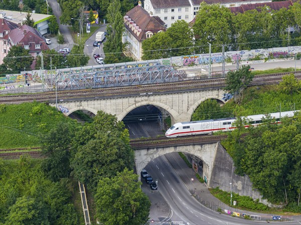 Railway bridges at Nordbahnhof with ICE, infrastructure of Deutsche Bahn AG. Stuttgart. Stuttgart, Baden-Württemberg, Germany, Europe