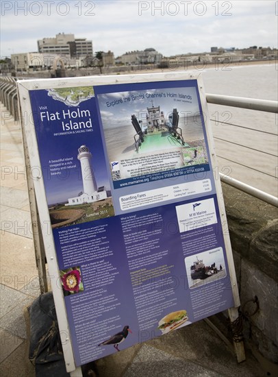 Information board for boat trips to Flat Holm island, Weston super Mare, Somerset, England, United Kingdom, Europe