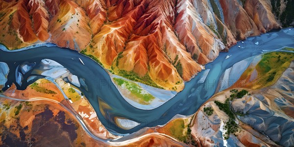 Aerial view perpendicular top down of an abstract colorful river along the coastline, AI generated
