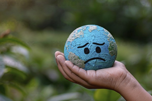 Small planet earth globe with sad face held by hand. Generative Ai, AI generated
