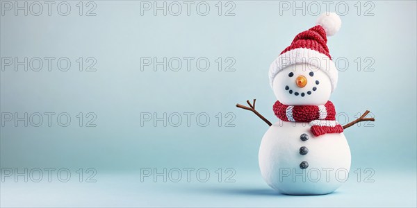 Cute snowman with knitted hatand scarf on blue background with copy space. Generative AI, AI generated