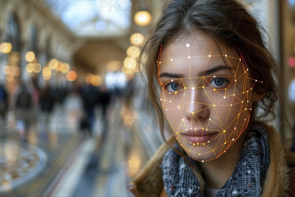 Face of a woman superimposed with futuristic facial recognition technology, symbolises highly developed security, AI generated, AI generated, AI generated