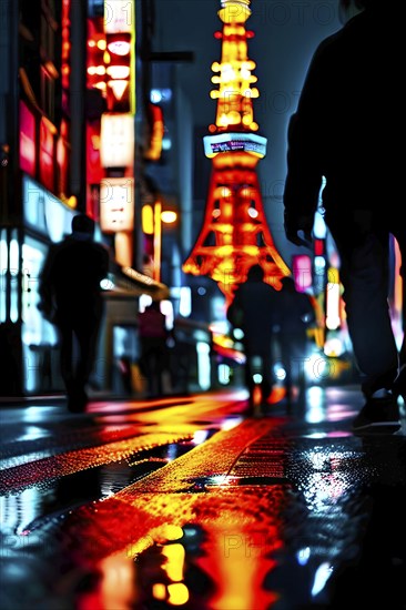 Tokyo streets at night with water puddles reflecting a neon glow and bustling crowd, AI generated