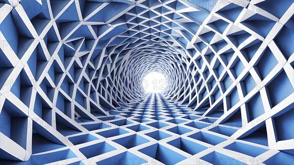 Tunnel structure in blue hues representing data and communication in abstract geometric pattern, AI generated