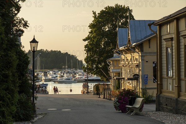 Harbour, traditional wooden houses, Naantali or Nådendal, Baltic Sea coast, Finland, Europe