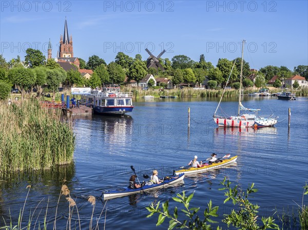 Havel cycle route, village Werder, peninsula with church and old mill, old city center at river Havel, Brandenburg, Germany, Europe