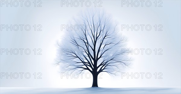 Abstract minimalist winter scene with a single, sharp silhouette of a snow-covered tree on a vast, white canvas, with subtle blue gradients hinting at icy coldness, AI generated