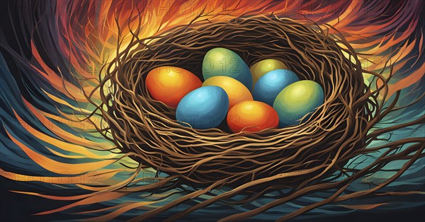 Abstract interpretation of a birds nest with exaggerated, swirling twigs and glowing, vibrant eggs, set against a textured background, AI generated