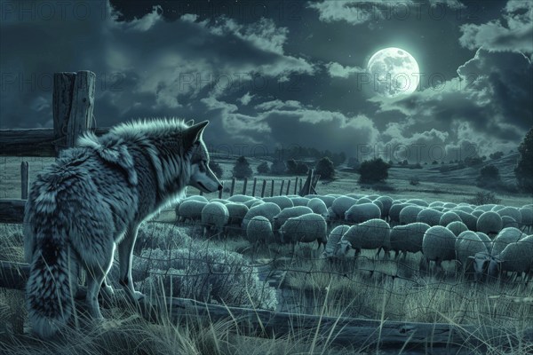 A wolf stands at a pasture fence at night under a full moon and observes a grazing flock of sheep, symbolic image for herd protection, danger, killing by wolf attack, AI generated, AI generated, AI generated