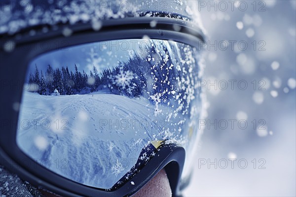 Close up of person's face with large skiing sunglasses with snow in winter. Generative Ai, AI generated