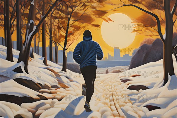 Wallpaper illustration of a jogger running through a park in winter with snow covered trees, AI generated