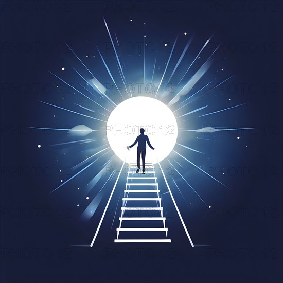 Vector illustration of a person going upstairs as symbol for self growth and personal development, AI generated
