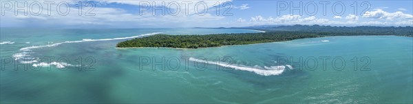 Turquoise sea, aerial view, view of Cahuita National Park, coast and coastal landscape with forest, Punta Cahuita headland, Cahuita, Limón, Costa Rica, Central America