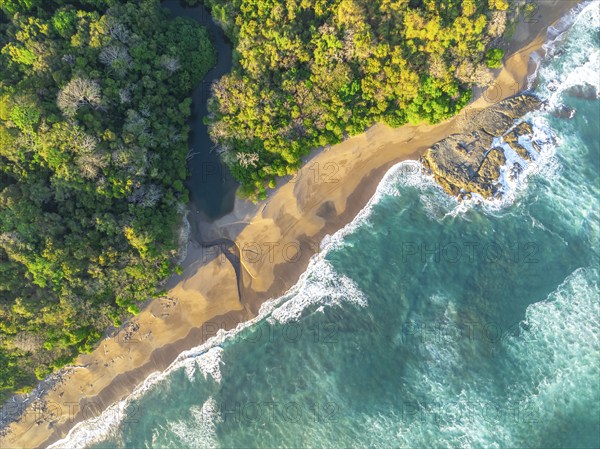 Aerial view, top-down, rainforest, sandy beach and coast with waves, Playa Cocalito, Puntarenas, Costa Rica, Central America