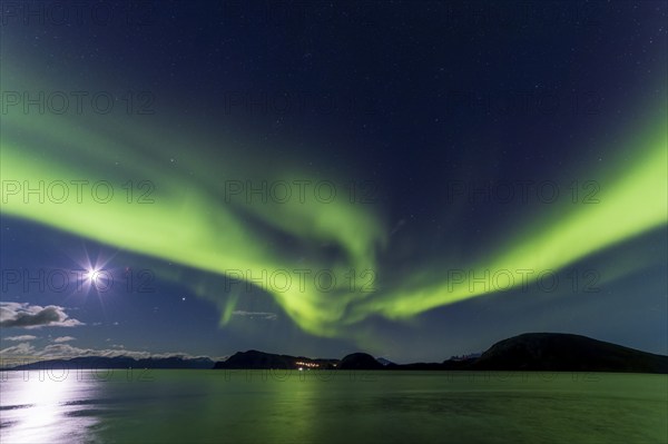 Northern Lights, (Aurora borealis) at a fjord near Skjiervoya, September 2024, Lapland, Finnmark, Norway, Europe