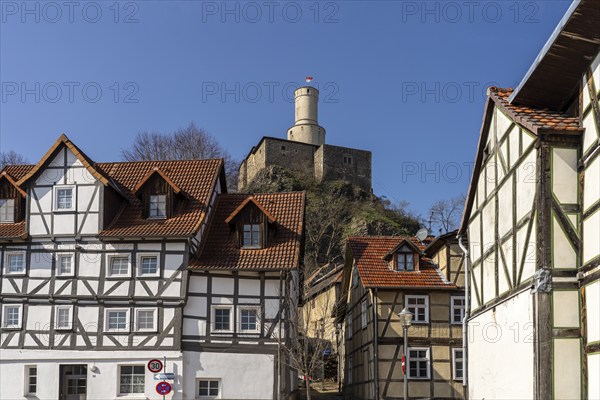 Half-timbered houses and the Felsburg castle in Felsberg, Schwalm-Eder district, Hesse, Germany, Europe
