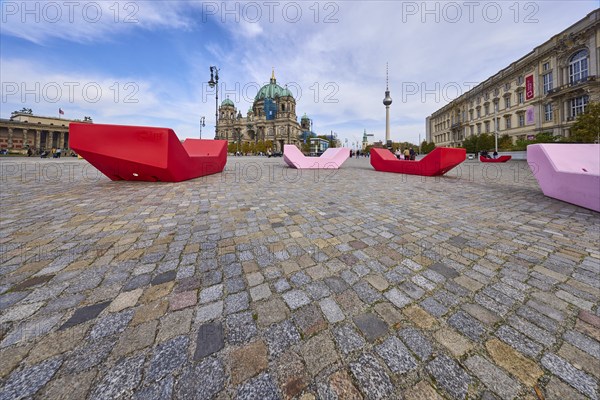 Modern public benches with Berlin Cathedral and television tower, Berlin, capital city, independent city, federal state of Berlin, Germany, Europe