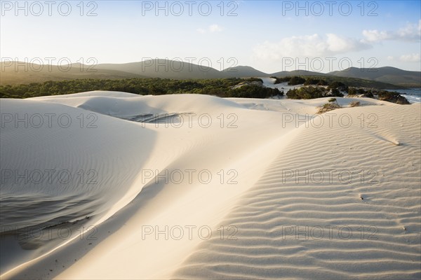 Lonely white sandy beach with dunes, sunrise, Porto Pino, Sardinia, south coast, Italy, Europe