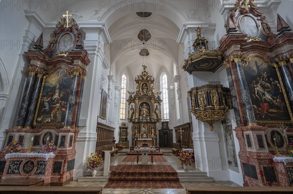 Chancel with high altar from 1630, Catholic parish church of St Emmeram, Wemding, Swabia, Bavaria, Germany, Europe