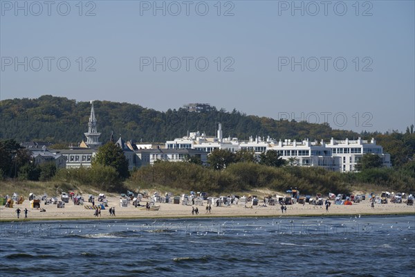 View of the beach and town from the pier, Ahlbeck, Usedom Island, Baltic Sea, Mecklenburg-Western Pomerania, Germany, Europe