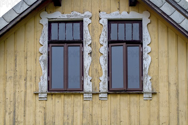 Gable of a wooden house with two windows, Blankenburg, Saxony-Anhalt, Germany, Europe