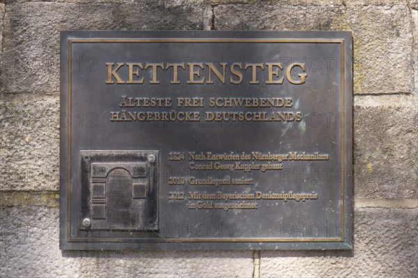 Information board in front of the historic Kettensteg, Nuremberg, Middle Franconia, Bavaria, Germany, Europe