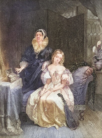 Juliet and her nurse. Illustration for the play Romeo and Juliet by William Shakespeare, Historical, digitally restored reproduction from a 19th century original, Record date not stated