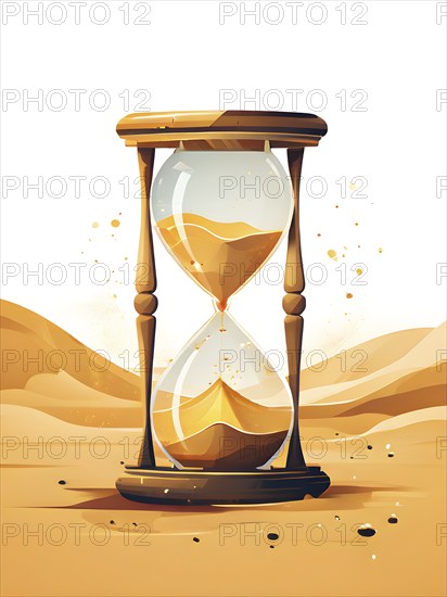 Minimalist hourglass illustration with abstract golden sand falling slowly, representing the countdown to the New Year in a clean, symbolic way, AI generated