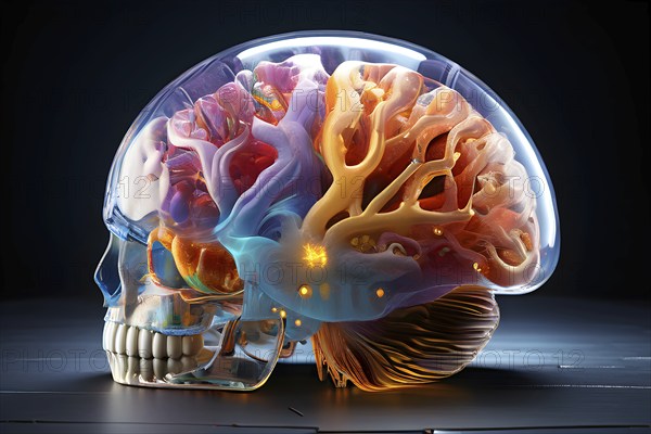 Three dimensional render of the intricately detailed human brain, AI generated