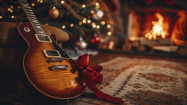 Brand new electric guitar christmas gift with a red bow under the tree. generative AI., AI generated