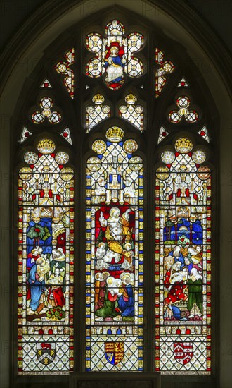 Stained glass east window church of All Saints, Rede, Suffolk, England, UK, Ascension and two other biblical scenes by William F Dixon c 1872