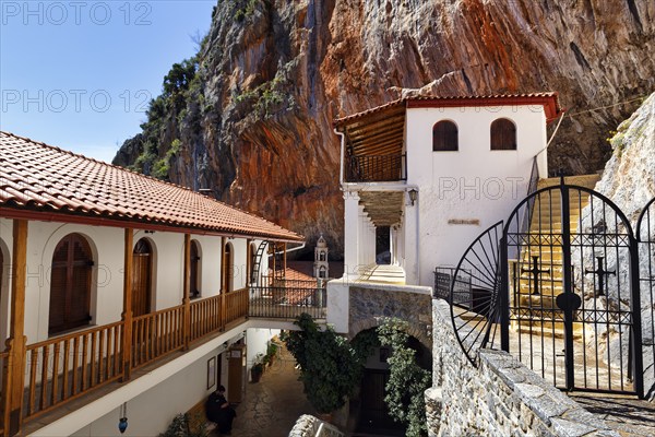 Greek Orthodox Monastery of Elona, Moni Elonis on the cliffs, Parnon Mountains, Arcadia, Peloponnese, Greece, Europe
